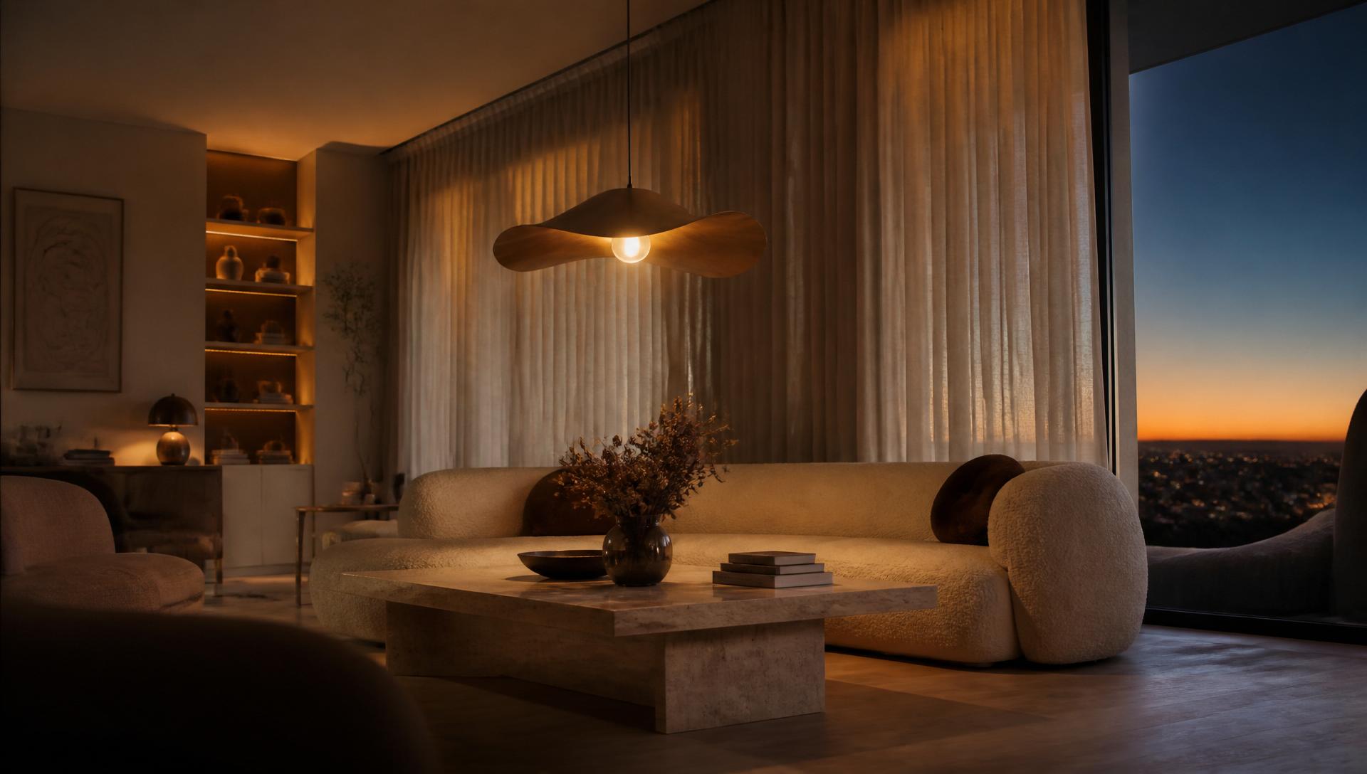 Warm interior at dusk with a sculptural pendant lamp
